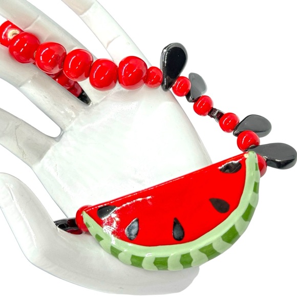 Signed Flying Colors & Book Piece Ceramic Bead & Watermelon Seed Slice Necklace - Picture 7 of 8